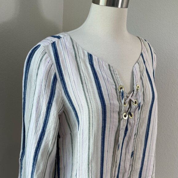 Tommy Bahama Womens Medium Striped Tunic Top Lace Up Neck Linen Blend Shirt - Picture 2 of 12